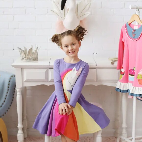 Rainbow Unicorn Long Sleeve Dress - Picture 1 of 7